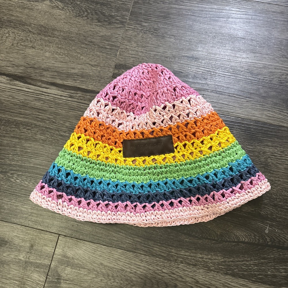 Kurt Geiger London Straw Bucket Hat Multicolor Crochet Scalloped Sun Hat